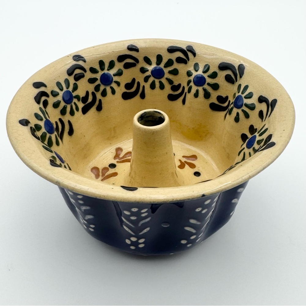 Vintage Bürgel Thuringia Bundt Pan ~ Floral Blue Folk Art Glaze Germany 5.5”